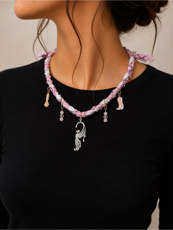 Handmade Jewelry - Handmade Pink Western Charm Necklace | Phoenix Pendant, Cowgirl Boot & Horseshoe